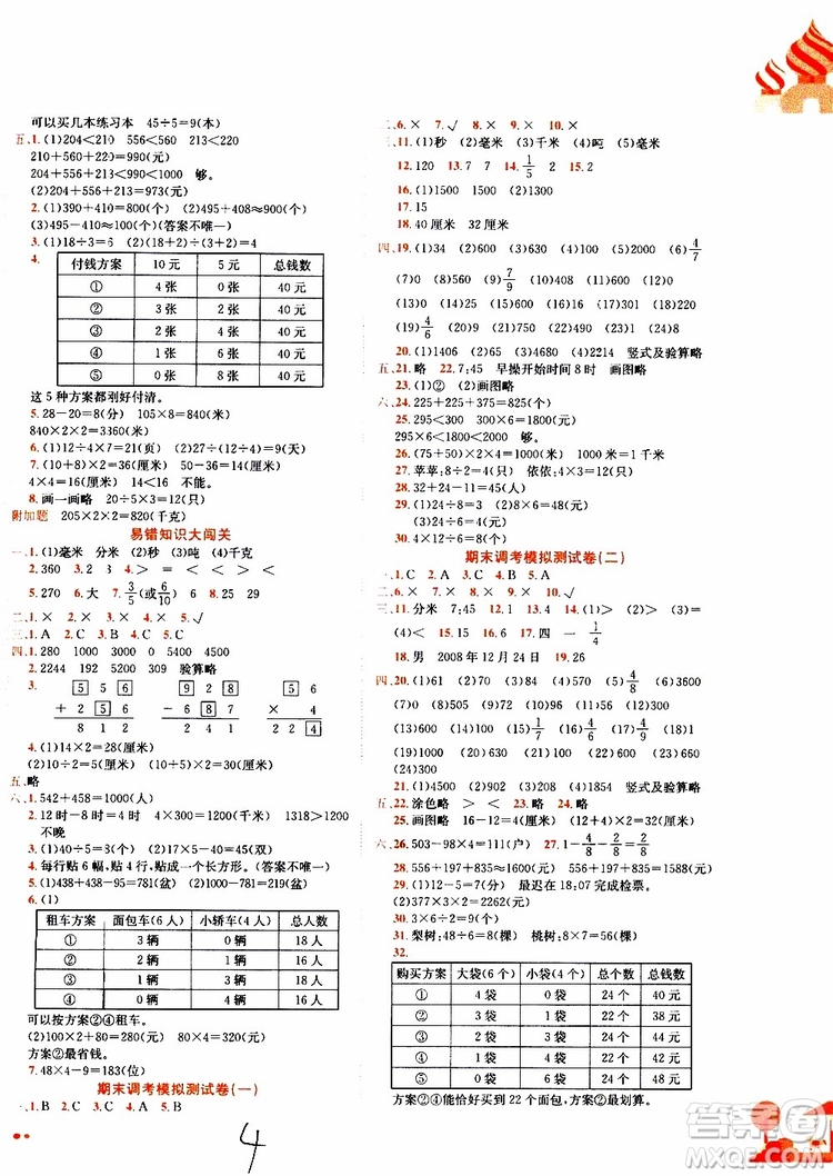 2019秋新版黃岡小狀元達(dá)標(biāo)卷數(shù)學(xué)三年級(jí)上冊R人教版參考答案