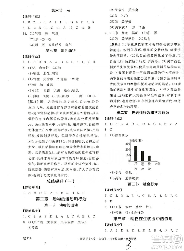 陽光出版社2019全品學(xué)練考8年級上冊生物人教版答案