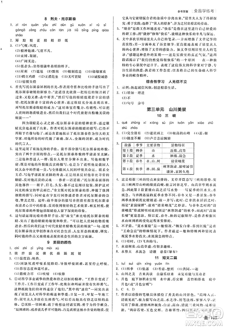 陽光出版社2019全品學(xué)練考聽課手冊8年級上冊語文人教版答案