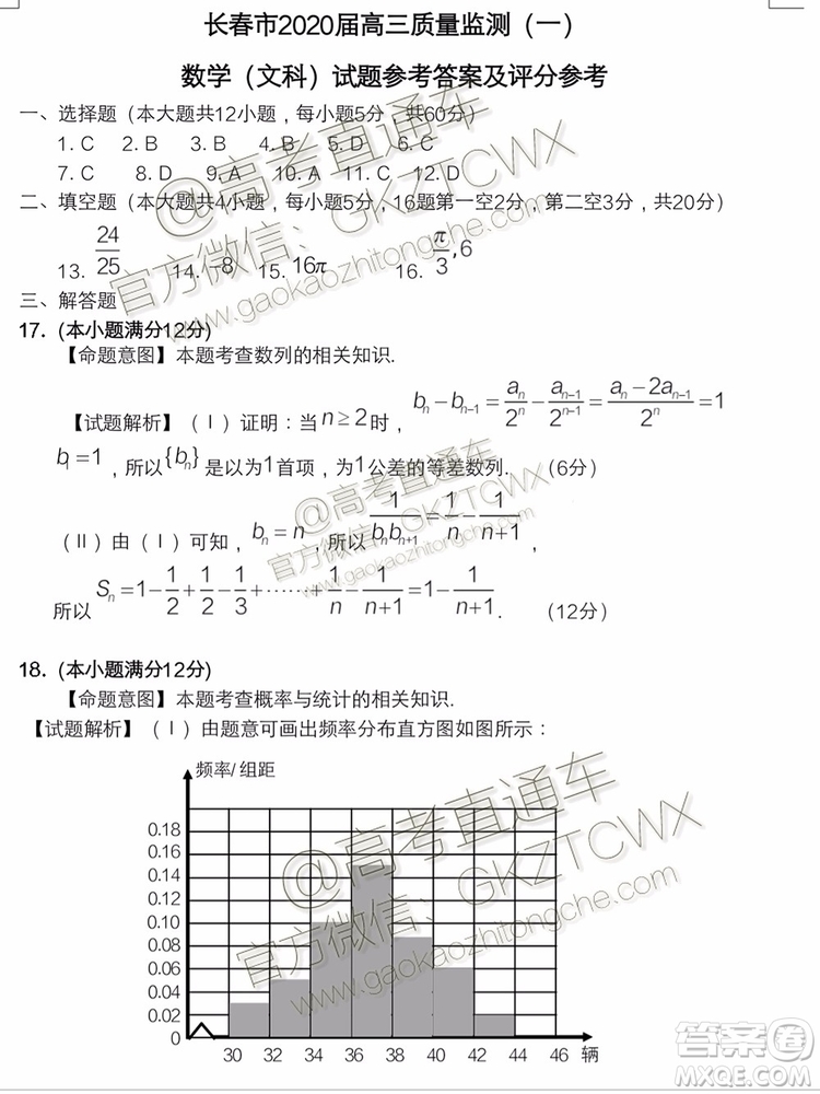 2020屆長春一模文理數(shù)參考答案