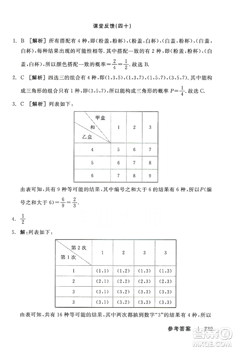 陽光出版社2019全品學(xué)練考課堂反饋九年級數(shù)學(xué)上冊人教版答案