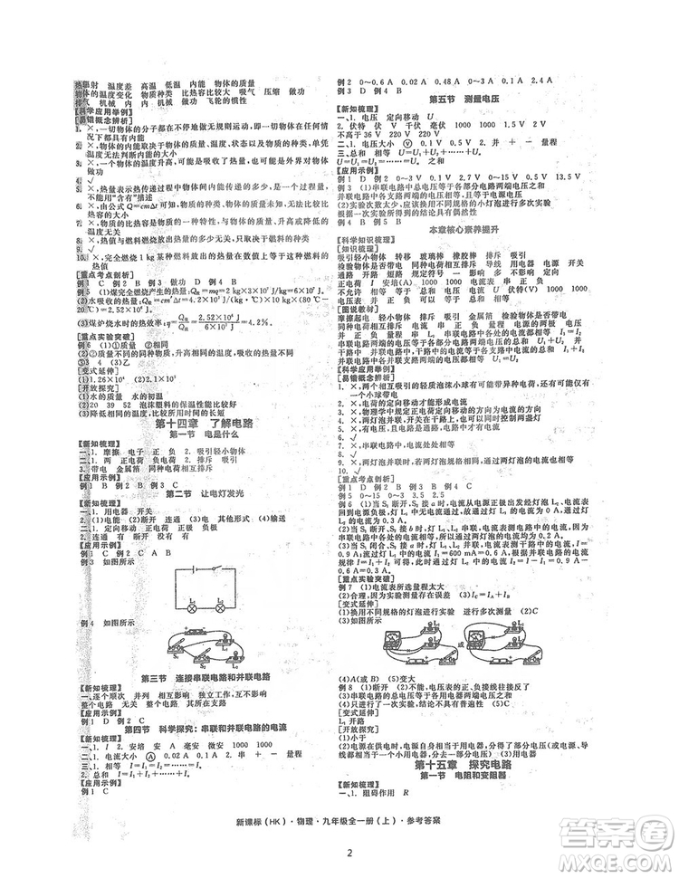 陽(yáng)光出版社2019全品學(xué)練考聽(tīng)課手冊(cè)九年級(jí)全一冊(cè)上冊(cè)物理人教版答案