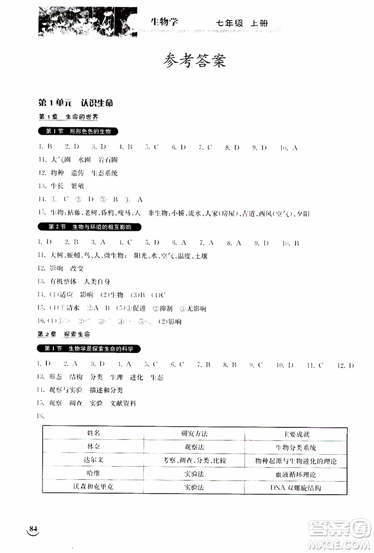 湖北教育出版社2019秋長(zhǎng)江作業(yè)本同步練習(xí)冊(cè)生物學(xué)七年級(jí)上冊(cè)北師大版參考答案