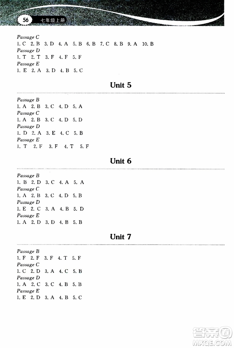 2019秋長(zhǎng)江作業(yè)本初中英語(yǔ)閱讀訓(xùn)練七年級(jí)上冊(cè)人教版參考答案