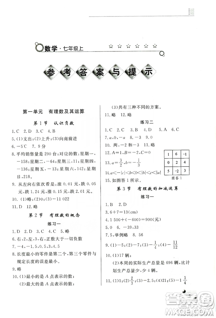 陜西師范大學(xué)出版總社2020課堂練習(xí)冊七年級(jí)數(shù)學(xué)上冊A版答案