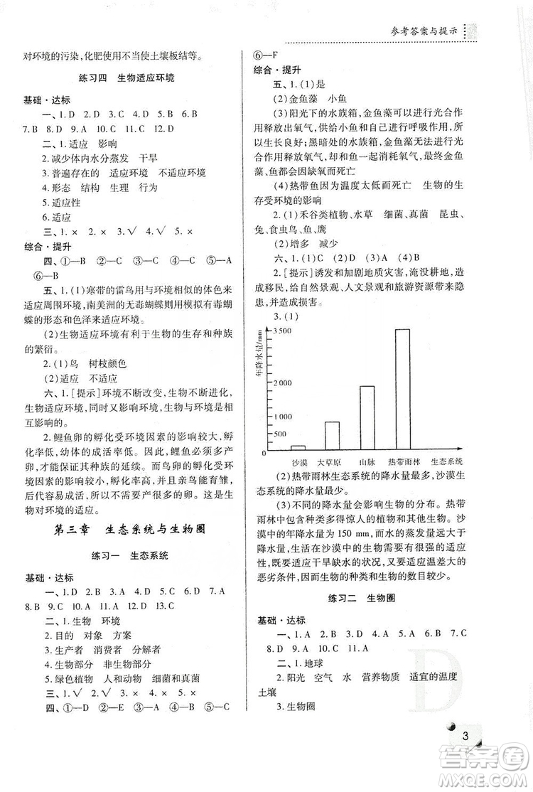 陜西師范大學(xué)出版總社2019課堂練習(xí)冊七年級生物上冊D版答案