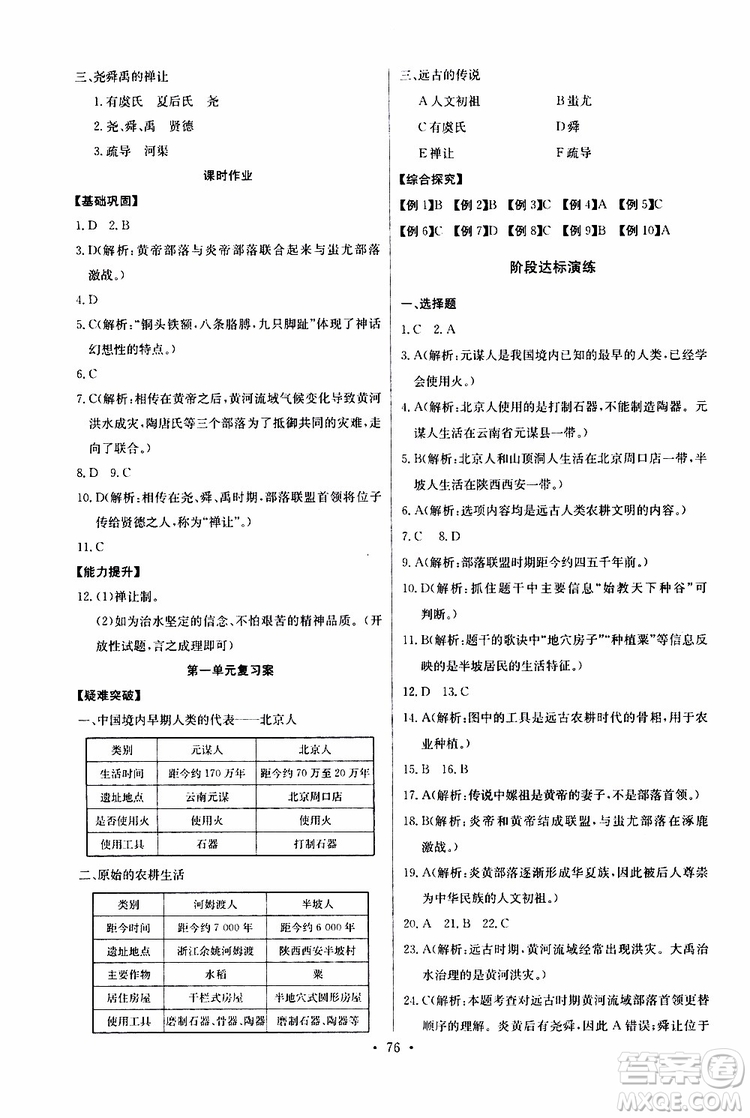 2019版長江全能學案初中七年級上冊歷史人教版同步練習冊參考答案