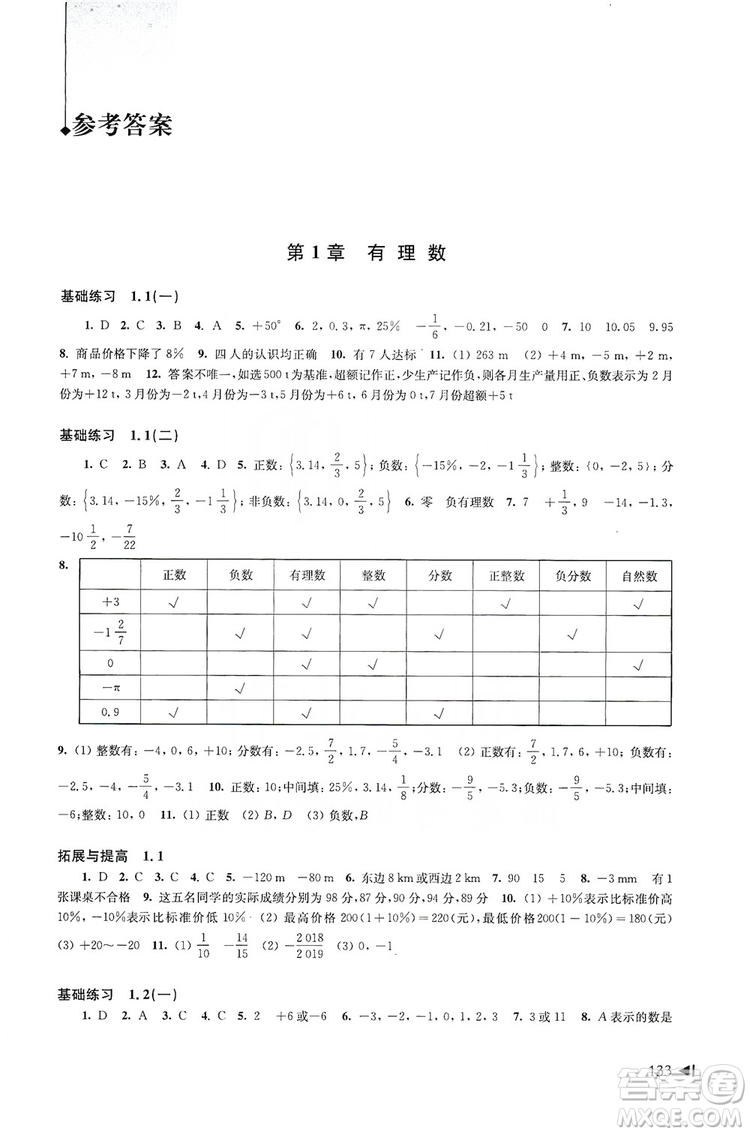 上?？茖W(xué)技術(shù)出版社2019初中數(shù)學(xué)同步練習(xí)七年級(jí)上冊(cè)滬科版答案