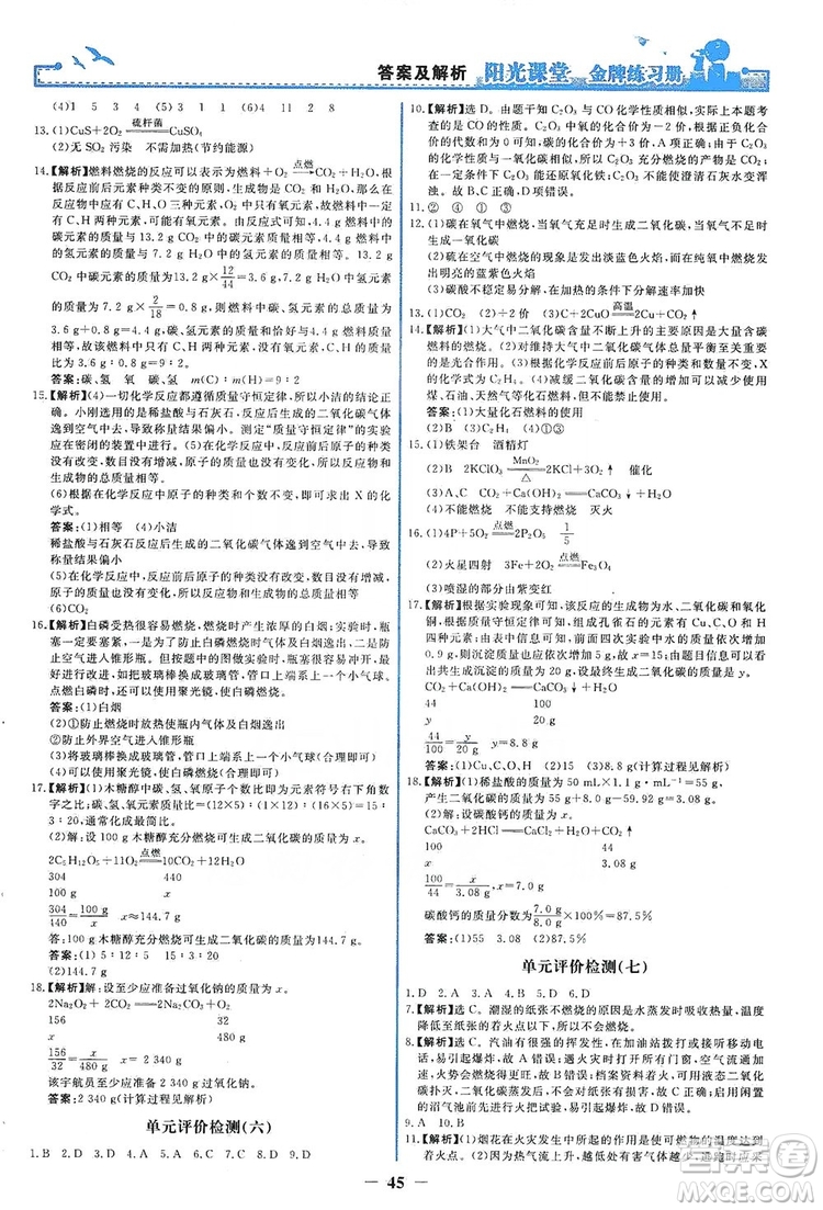 人民教育出版社2019陽光課堂金牌練習冊九年級化學上冊答案