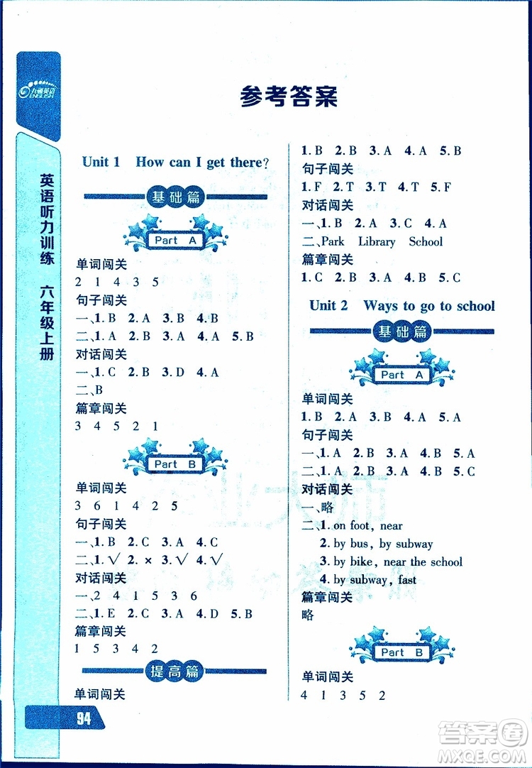 2019新版長(zhǎng)江全能學(xué)案英語(yǔ)聽(tīng)力訓(xùn)練六年級(jí)上冊(cè)人教版參考答案