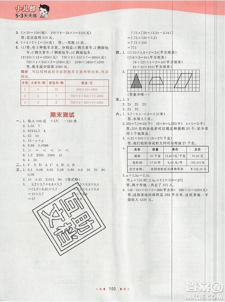 2019年53天天練小學(xué)數(shù)學(xué)五年級上冊蘇教版參考答案