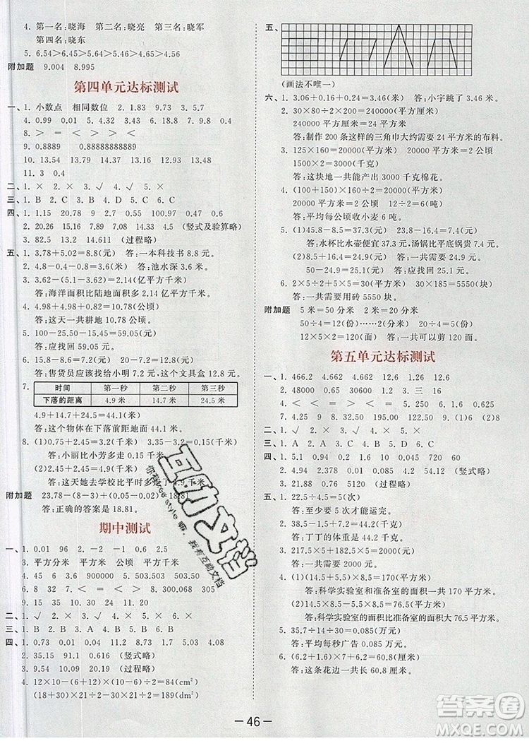 2019年53天天練小學(xué)數(shù)學(xué)五年級上冊蘇教版參考答案