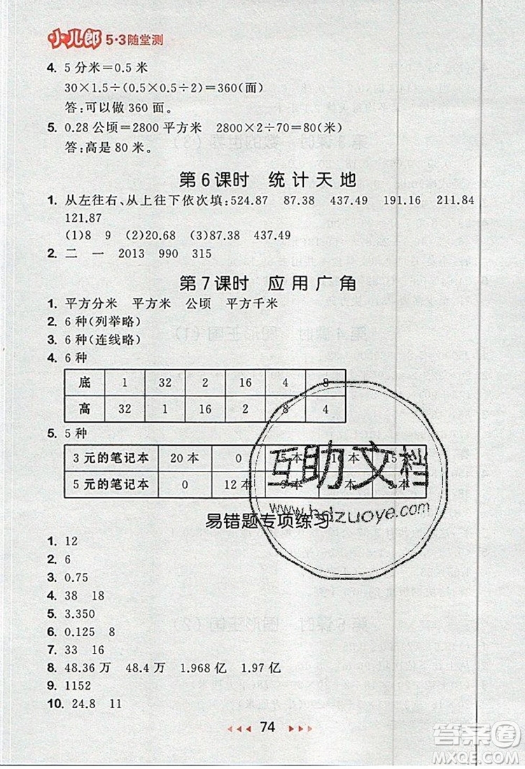 2019年53隨堂測(cè)小學(xué)數(shù)學(xué)五年級(jí)上冊(cè)蘇教版參考答案