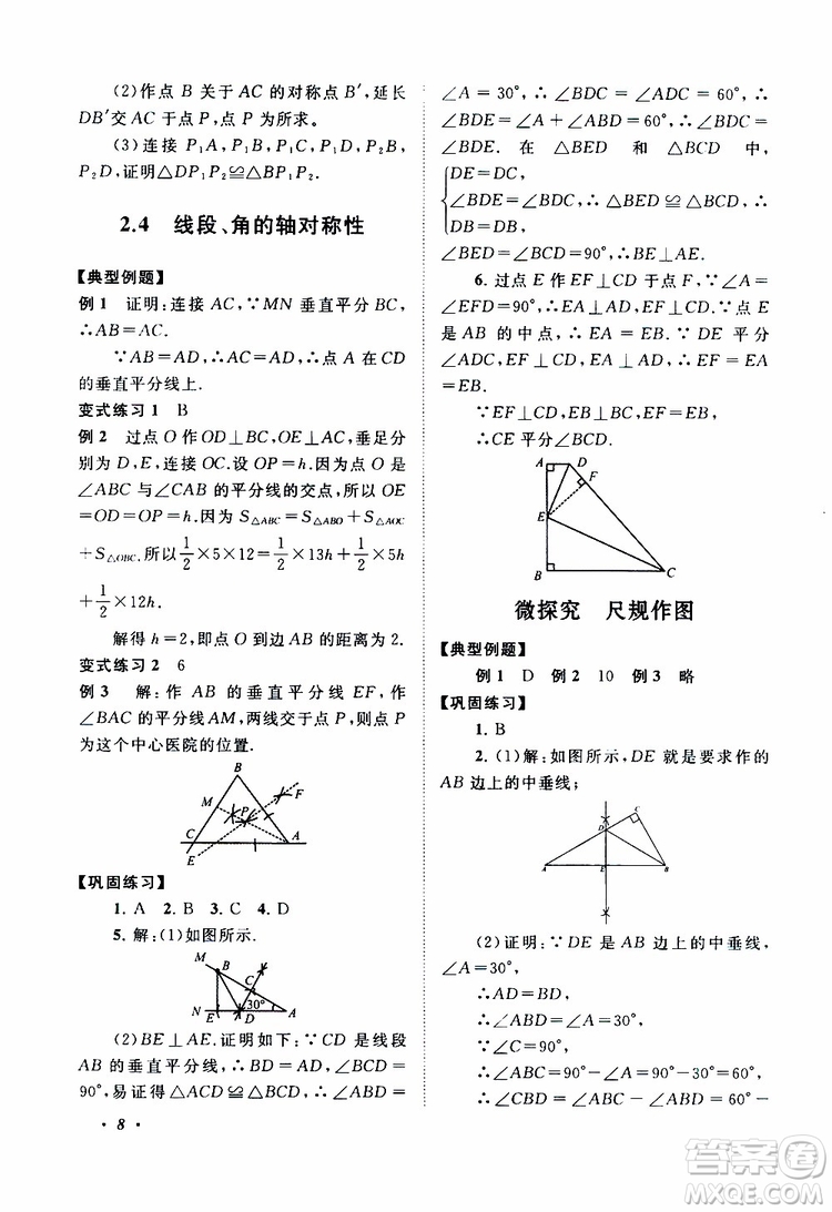 2019年拓展與培優(yōu)數(shù)學(xué)八年級(jí)上冊(cè)蘇教版參考答案