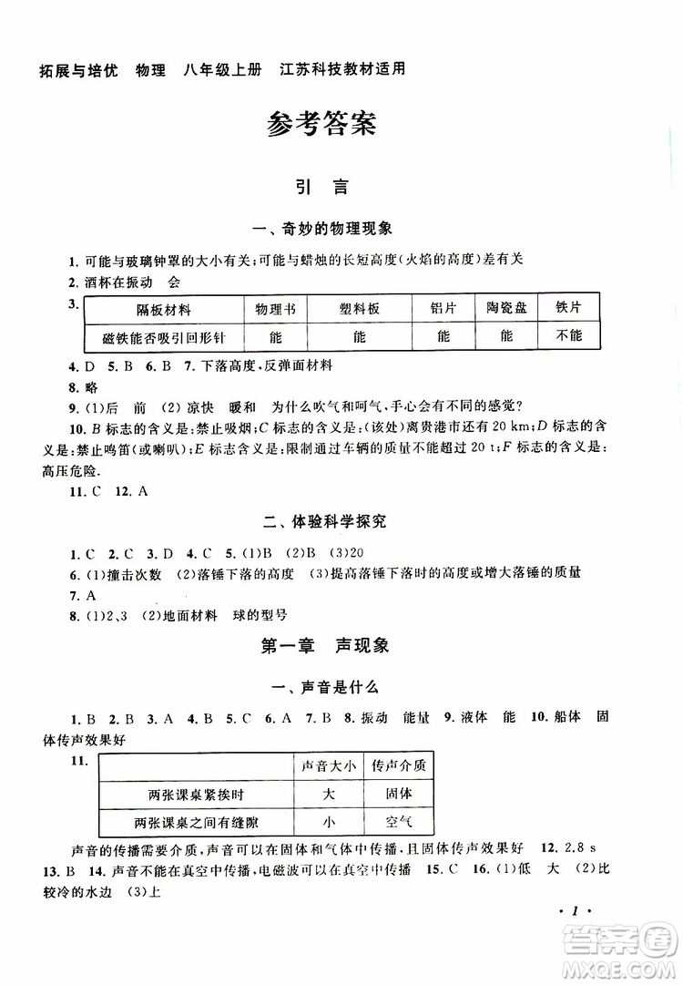 2019年拓展與培優(yōu)物理八年級上冊蘇教版參考答案