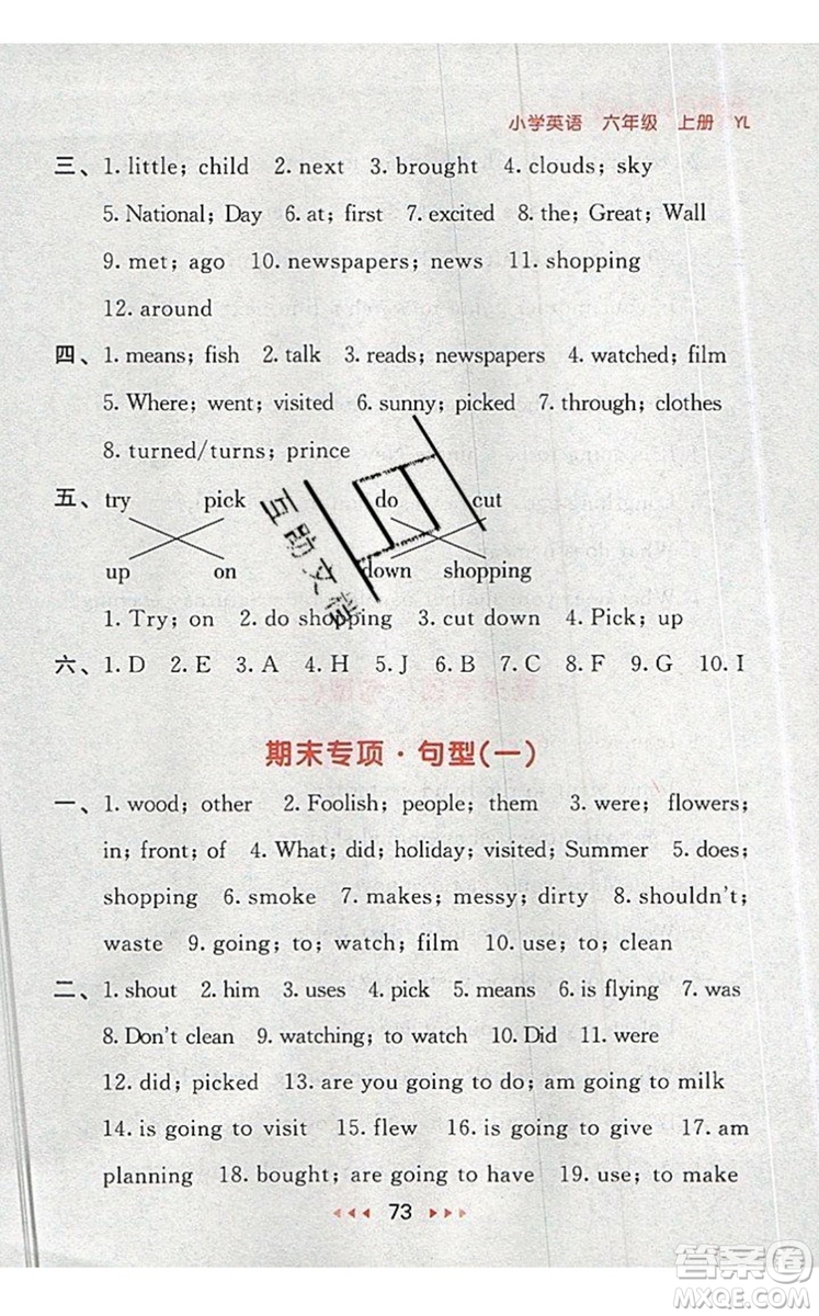 2019年53隨堂測小學英語六年級上冊譯林版參考答案