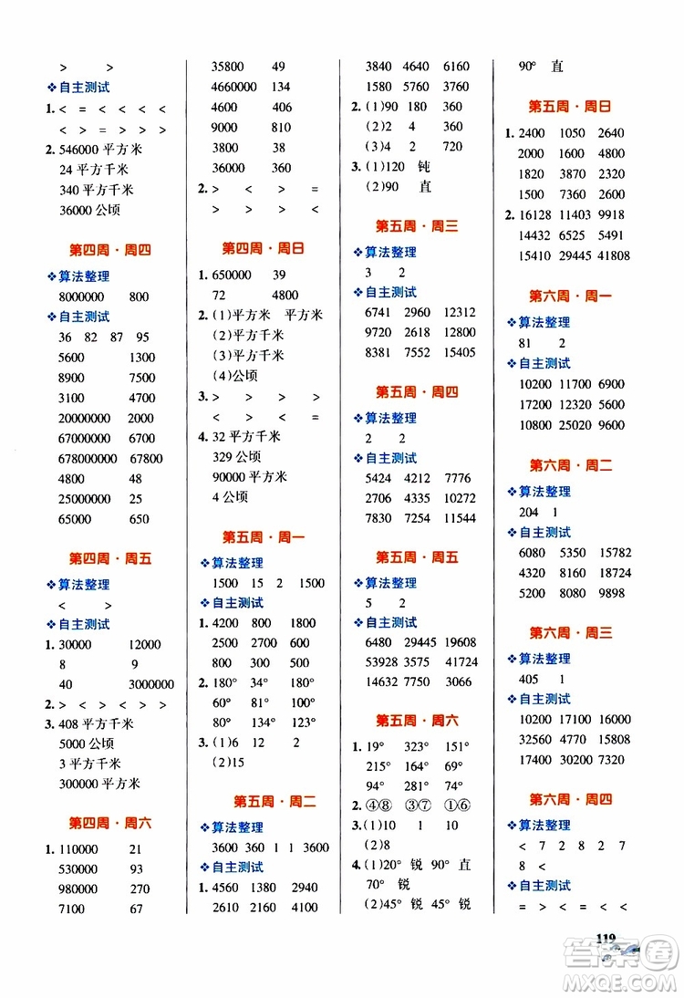 2019年P(guān)ASS綠卡圖書小學(xué)學(xué)霸天天計算四年級上RJ人教版參考答案