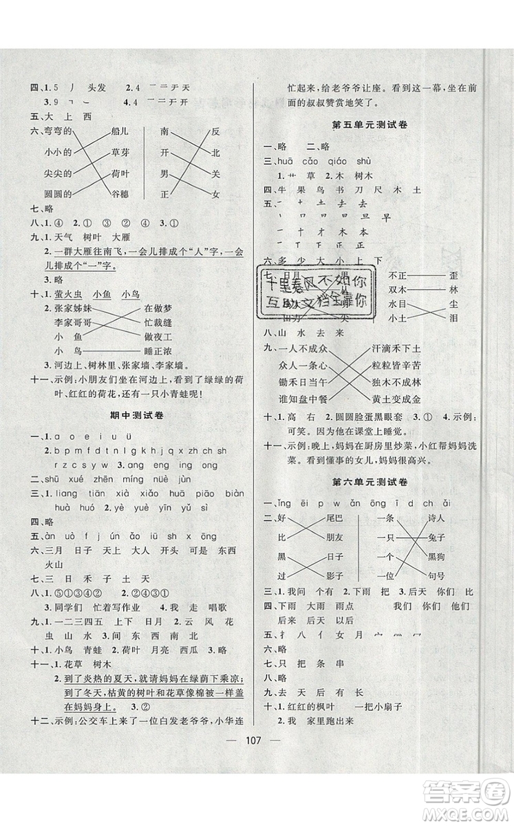 2019年簡易通小學(xué)同步導(dǎo)學(xué)練一年級語文上冊人教版參考答案