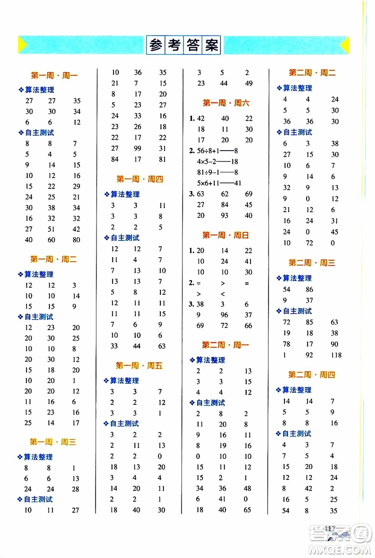 2019年P(guān)ASS綠卡圖書(shū)小學(xué)學(xué)霸天天計(jì)算三年級(jí)上BS北師版參考答案