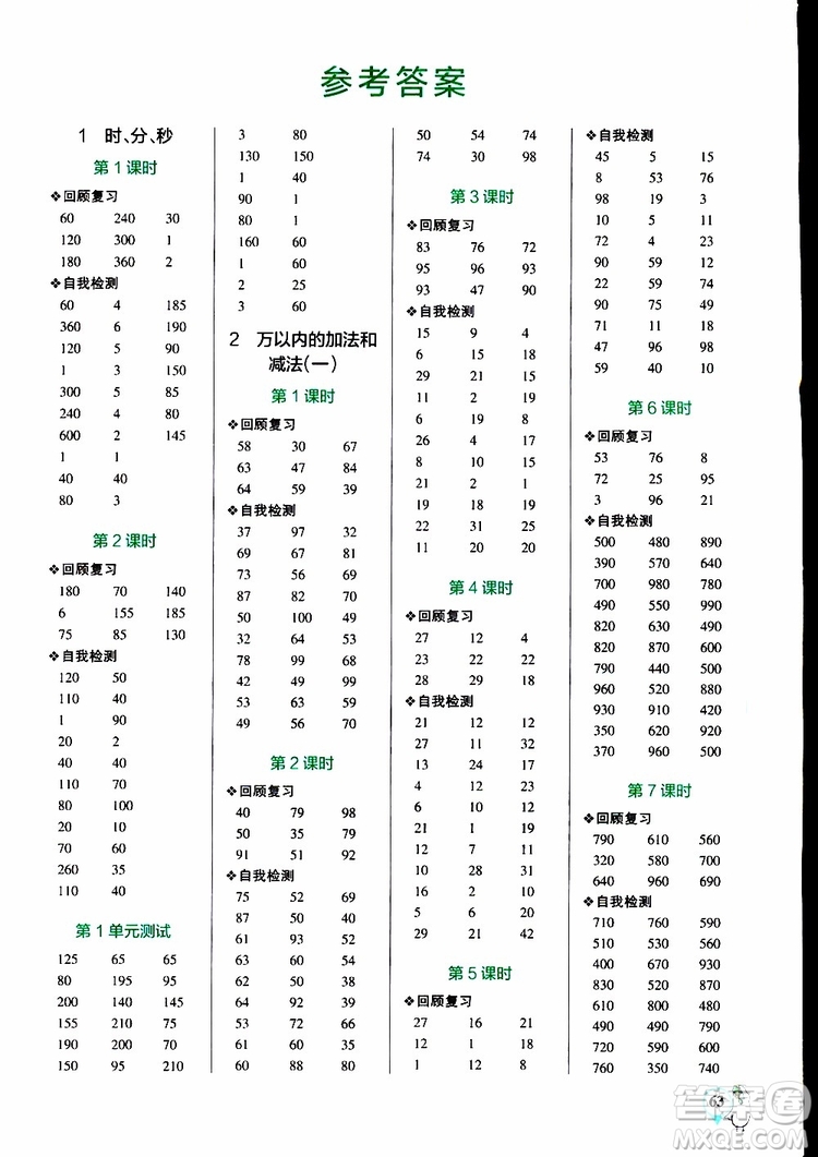 2019年P(guān)ASS綠卡圖書小學(xué)學(xué)霸口算三年級上RJ人教版參考答案