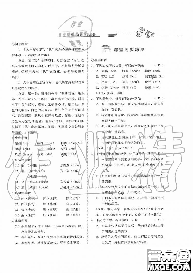 四川師范大學(xué)電子出版社2019年蓉城金典語文七年級上冊人教版參考答案