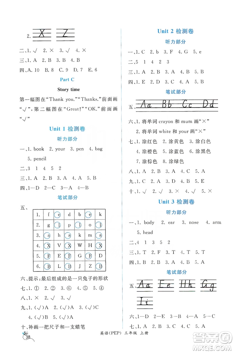 人民教育出版社2019年秋同步導(dǎo)學(xué)案課時(shí)練三年級英語上冊人教版答案