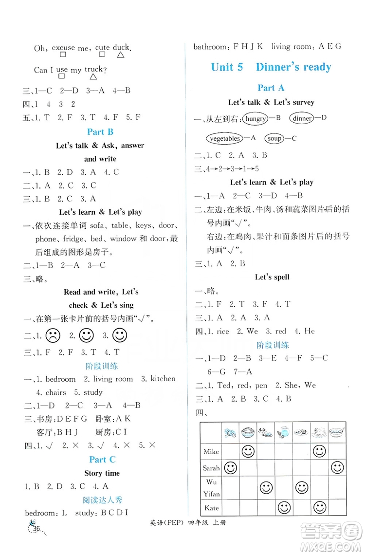 人民教育出版社2019同步導(dǎo)學(xué)案課時練四年級英語上冊答案