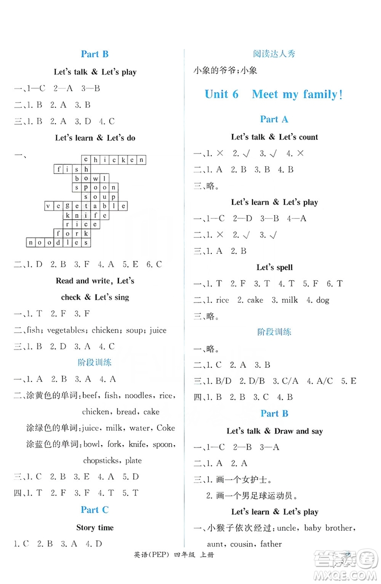 人民教育出版社2019同步導(dǎo)學(xué)案課時練四年級英語上冊答案