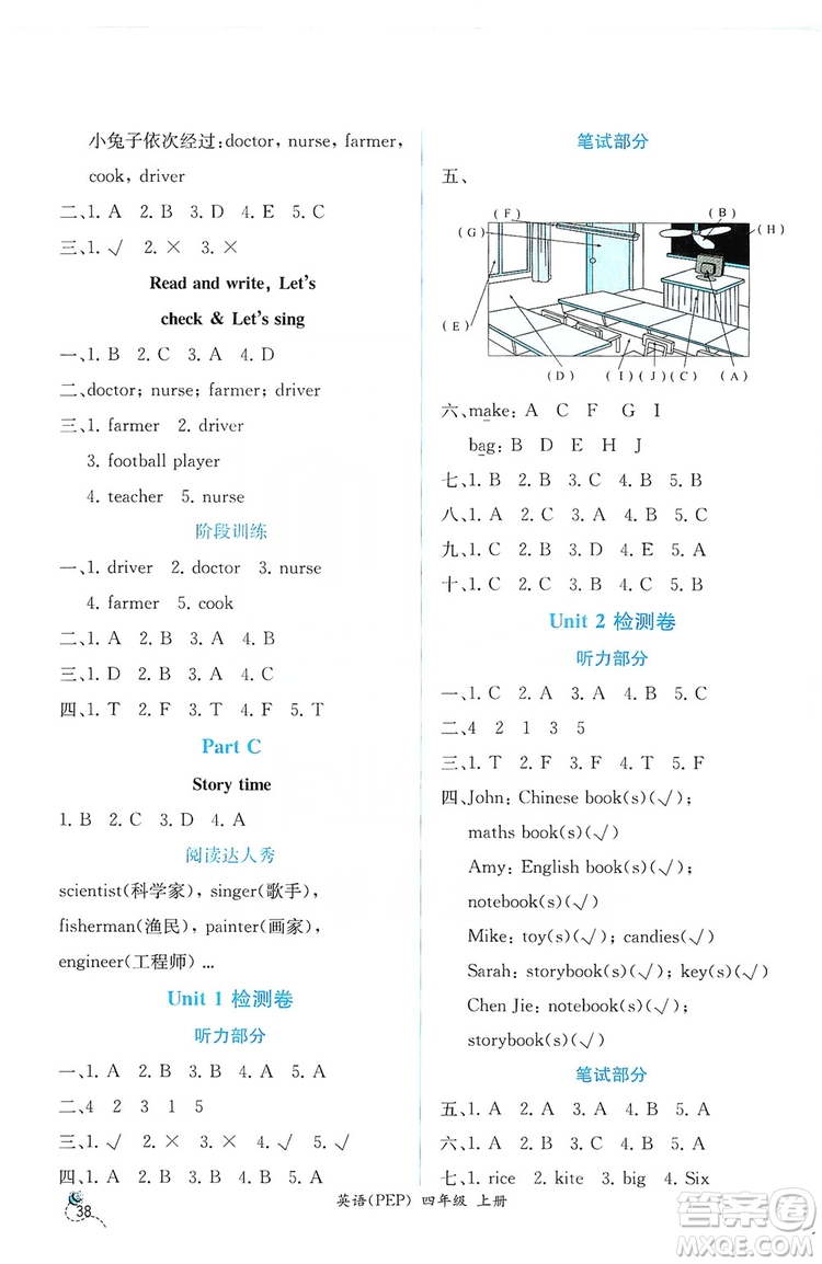 人民教育出版社2019同步導(dǎo)學(xué)案課時練四年級英語上冊答案