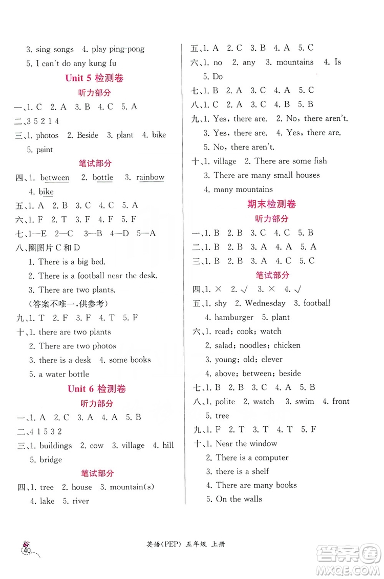 人民教育出版社2019同步導(dǎo)學(xué)案課時(shí)練五年級(jí)英語上冊答案