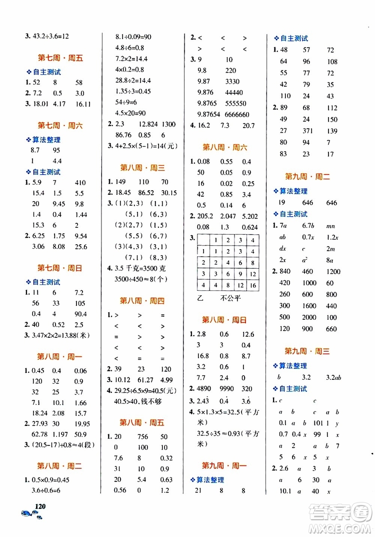 2019年P(guān)ASS綠卡圖書(shū)小學(xué)學(xué)霸天天計(jì)算五年級(jí)上RJ人教版參考答案