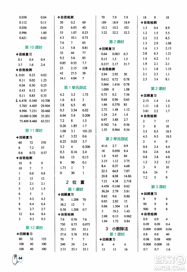 2019年P(guān)ASS綠卡圖書小學(xué)學(xué)霸口算五年級上RJ人教版參考答案