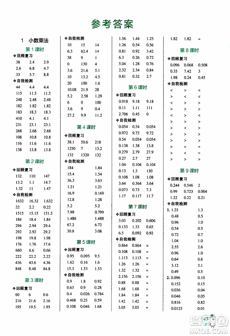 2019年P(guān)ASS綠卡圖書小學(xué)學(xué)霸口算五年級上RJ人教版參考答案