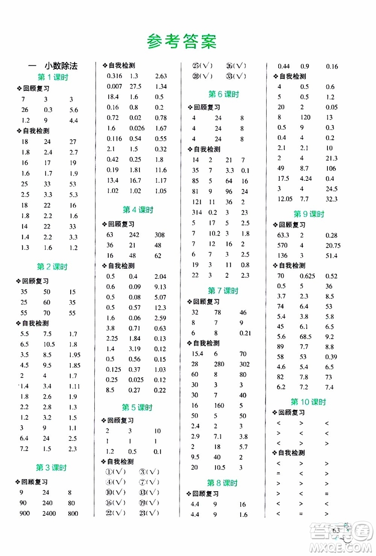 2019年P(guān)ASS綠卡圖書小學(xué)學(xué)霸口算五年級(jí)上BS北師版參考答案