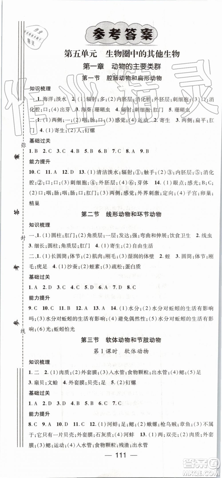 鴻鵠志文化2019年名師測(cè)控生物八年級(jí)上冊(cè)RJ人教版參考答案