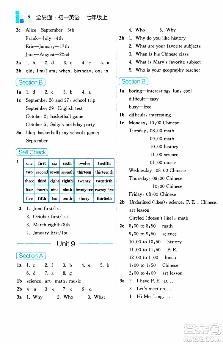 浙江教育出版社2019年全易通初中英語七年級(jí)上冊(cè)R人教版參考答案