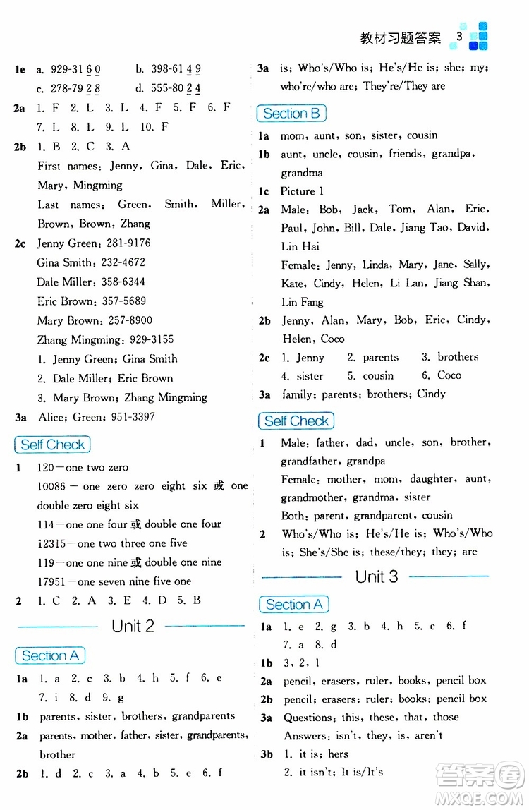 浙江教育出版社2019年全易通初中英語七年級(jí)上冊(cè)R人教版參考答案