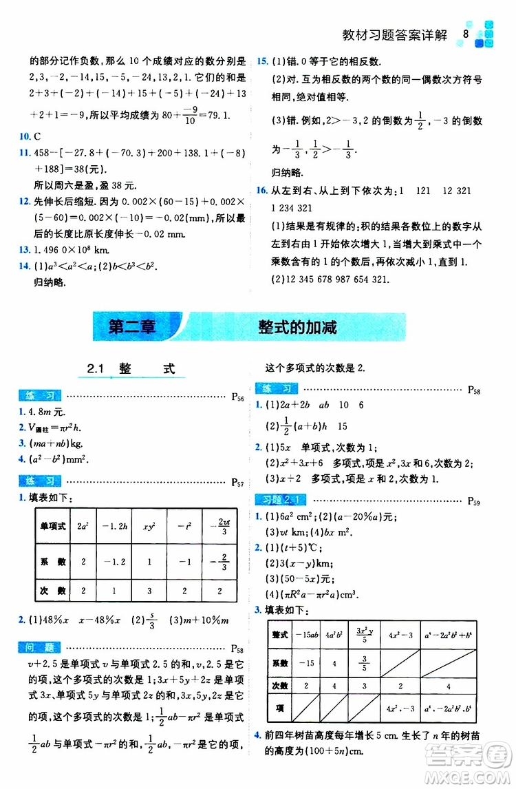 安徽人民出版社2019年全易通初中數(shù)學(xué)七年級上冊RJ人教版參考答案