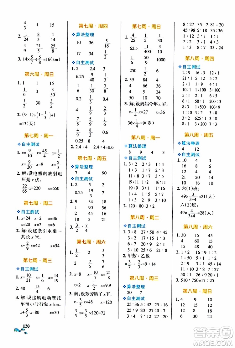 遼寧教育出版社2019年小學(xué)學(xué)霸天天計(jì)算六年級(jí)上冊(cè)RJ人教版參考答案