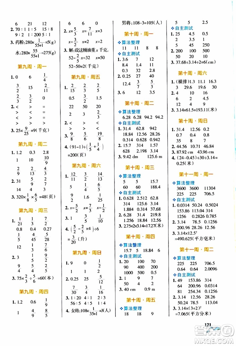 遼寧教育出版社2019年小學(xué)學(xué)霸天天計(jì)算六年級(jí)上冊(cè)RJ人教版參考答案