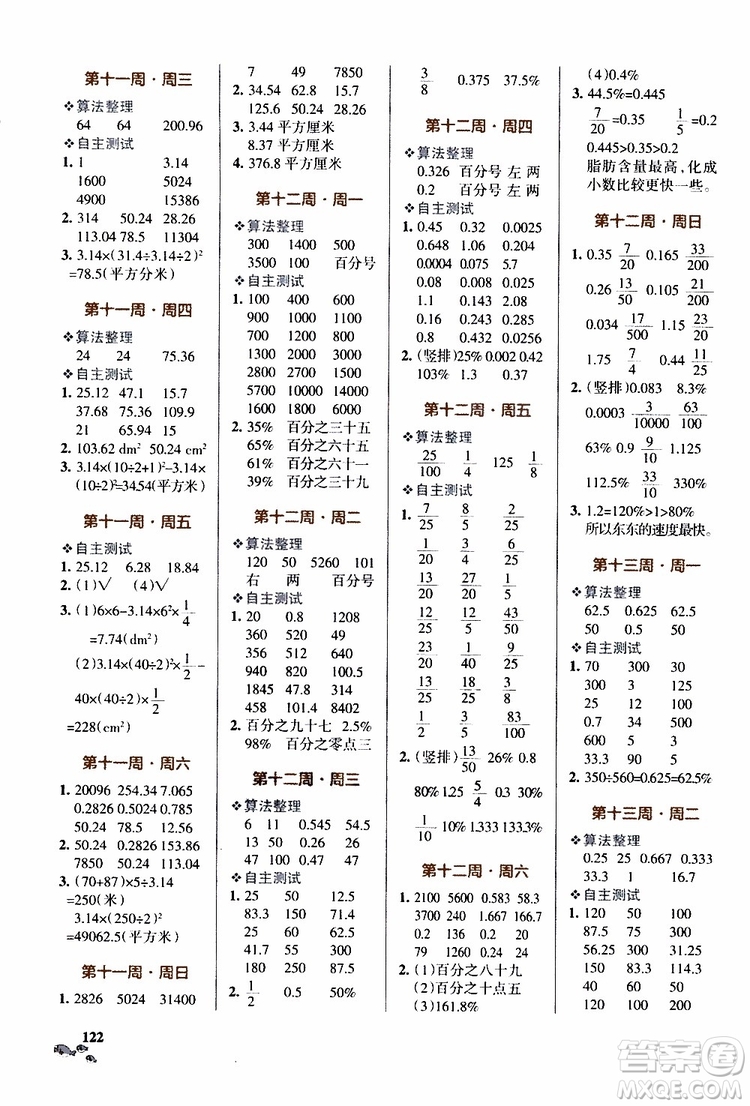 遼寧教育出版社2019年小學(xué)學(xué)霸天天計(jì)算六年級(jí)上冊(cè)RJ人教版參考答案