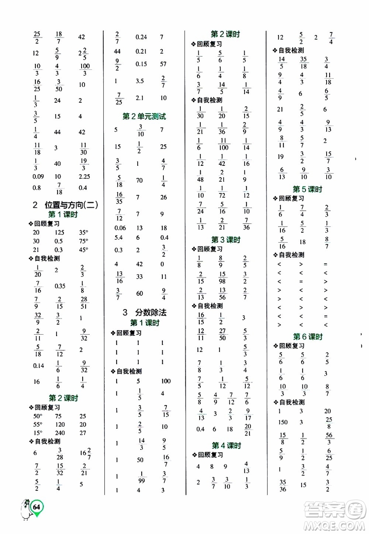 遼寧教育出版社2019年小學(xué)學(xué)霸口算六年級(jí)上冊(cè)RJ人教版參考答案