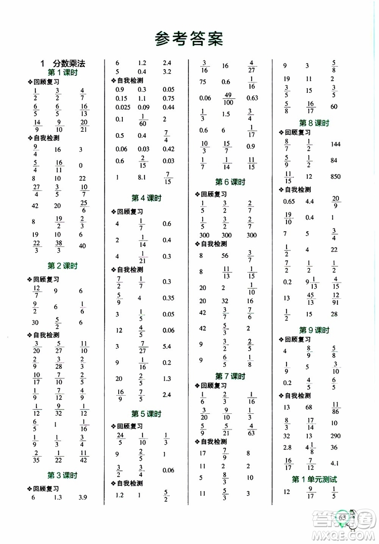 遼寧教育出版社2019年小學(xué)學(xué)霸口算六年級(jí)上冊(cè)RJ人教版參考答案