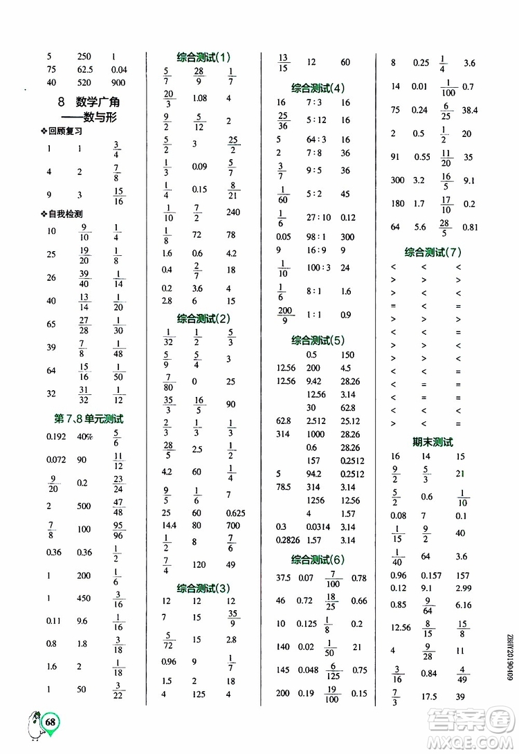 遼寧教育出版社2019年小學(xué)學(xué)霸口算六年級(jí)上冊(cè)RJ人教版參考答案