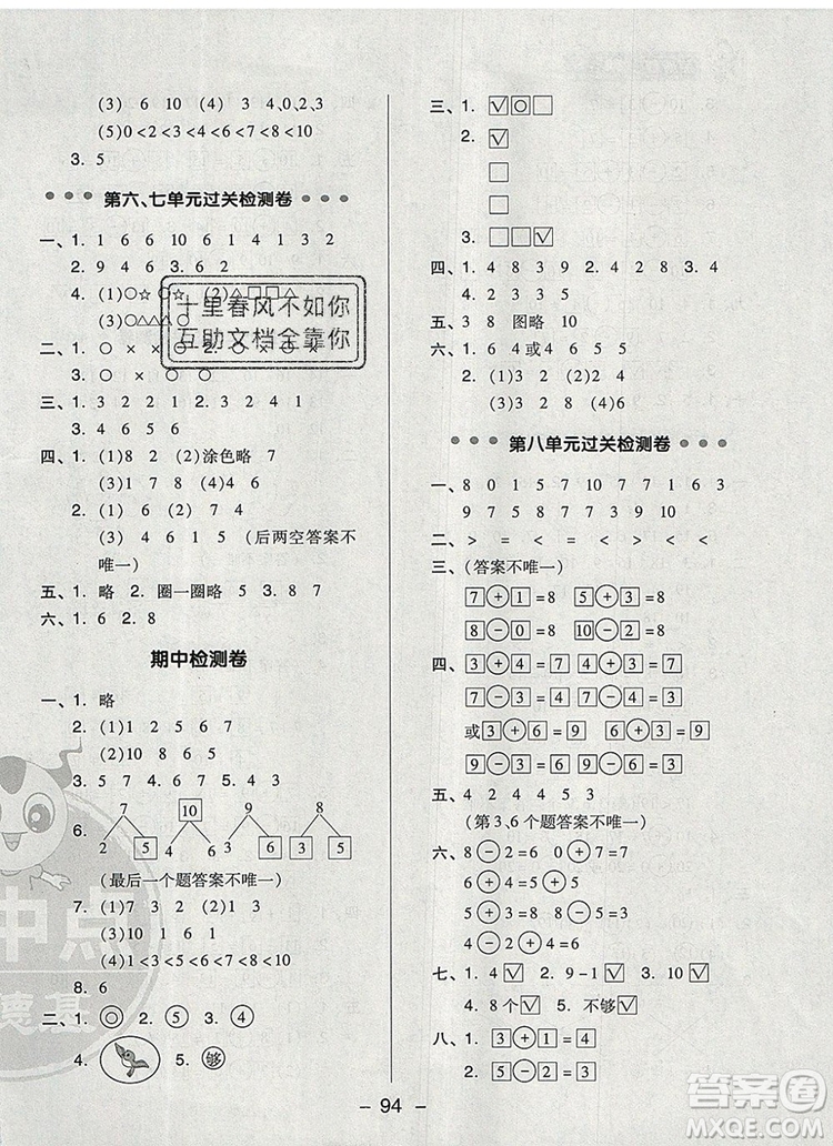 2019年綜合應(yīng)用創(chuàng)新題典中點(diǎn)一年級(jí)數(shù)學(xué)上冊(cè)蘇教版參考答案