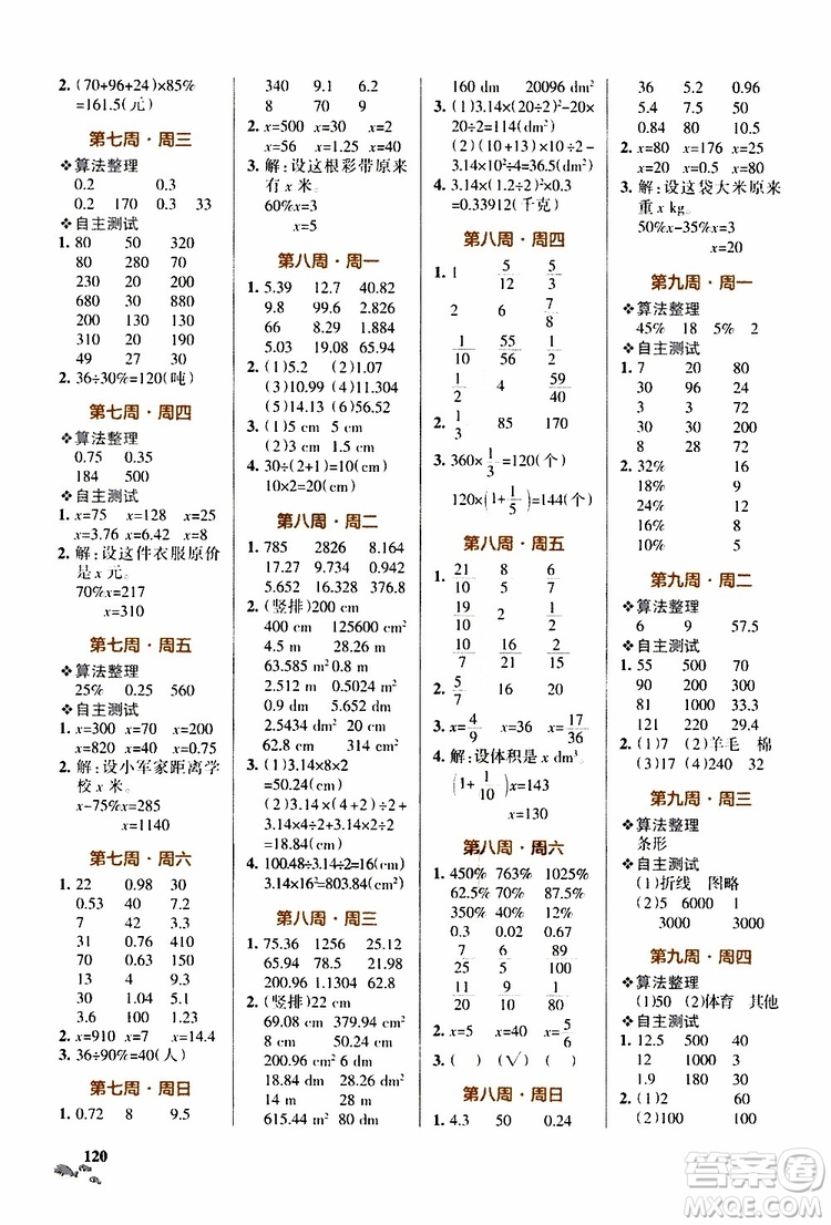 遼寧教育出版社2019年小學(xué)學(xué)霸天天計算六年級上冊BS北師版參考答案