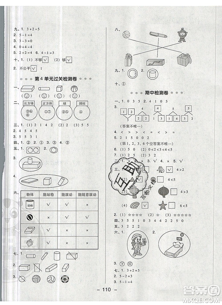 2019年綜合應(yīng)用創(chuàng)新題典中點(diǎn)一年級數(shù)學(xué)上冊人教版參考答案