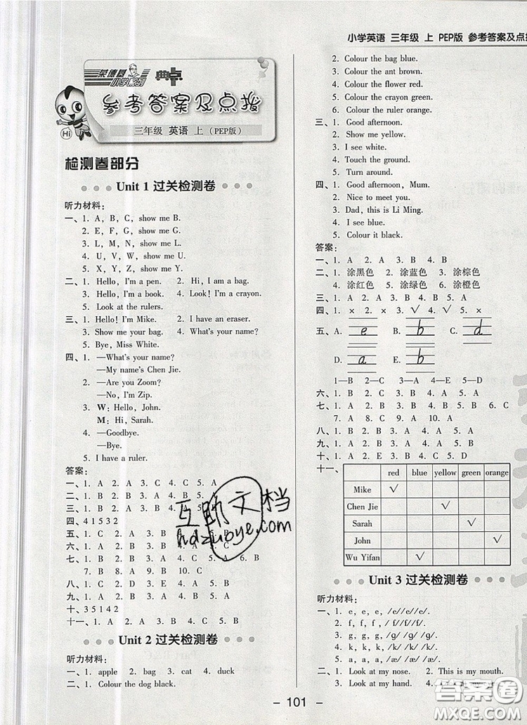 2019年綜合應(yīng)用創(chuàng)新題典中點三年級英語上冊人教PEP版參考答案