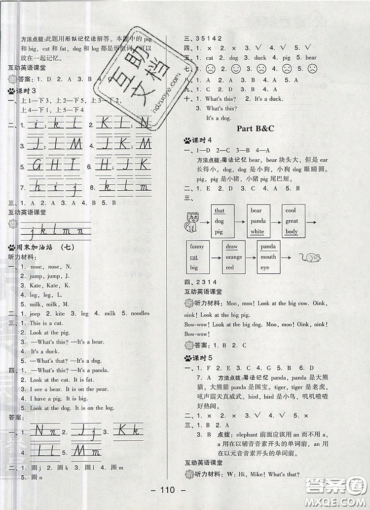 2019年綜合應(yīng)用創(chuàng)新題典中點三年級英語上冊人教PEP版參考答案