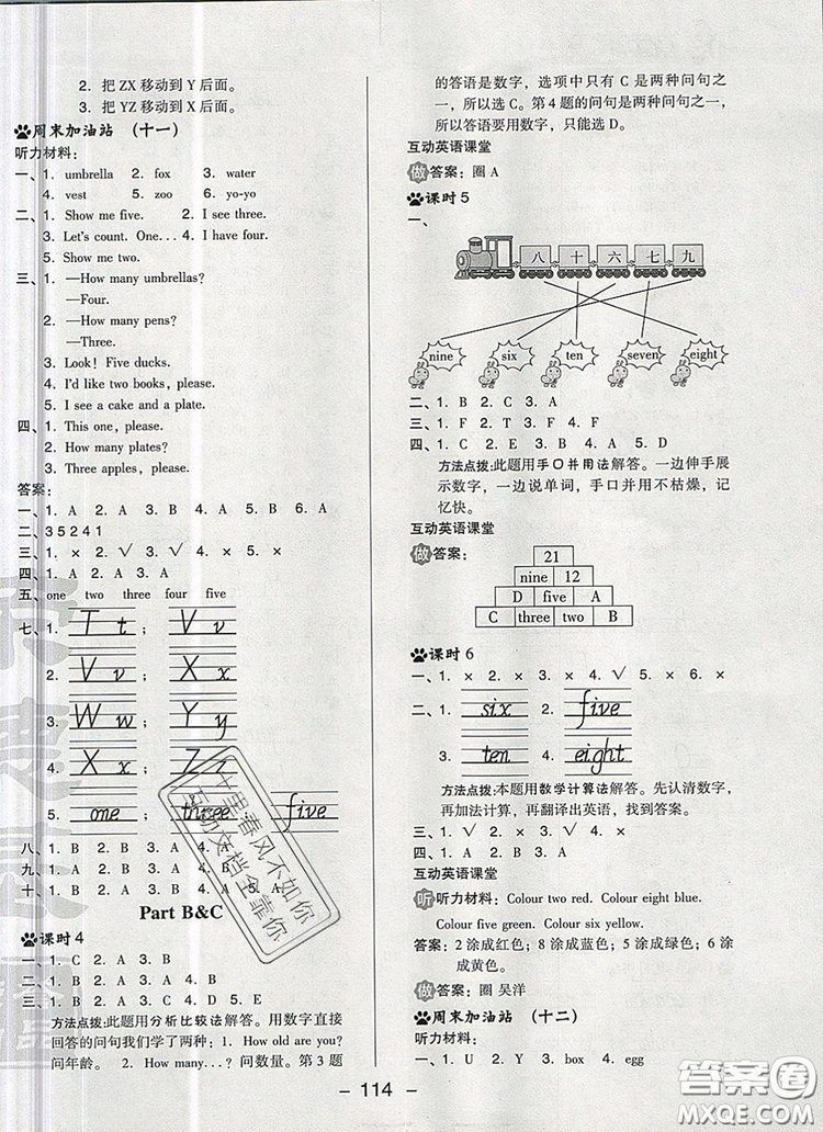 2019年綜合應(yīng)用創(chuàng)新題典中點三年級英語上冊人教PEP版參考答案